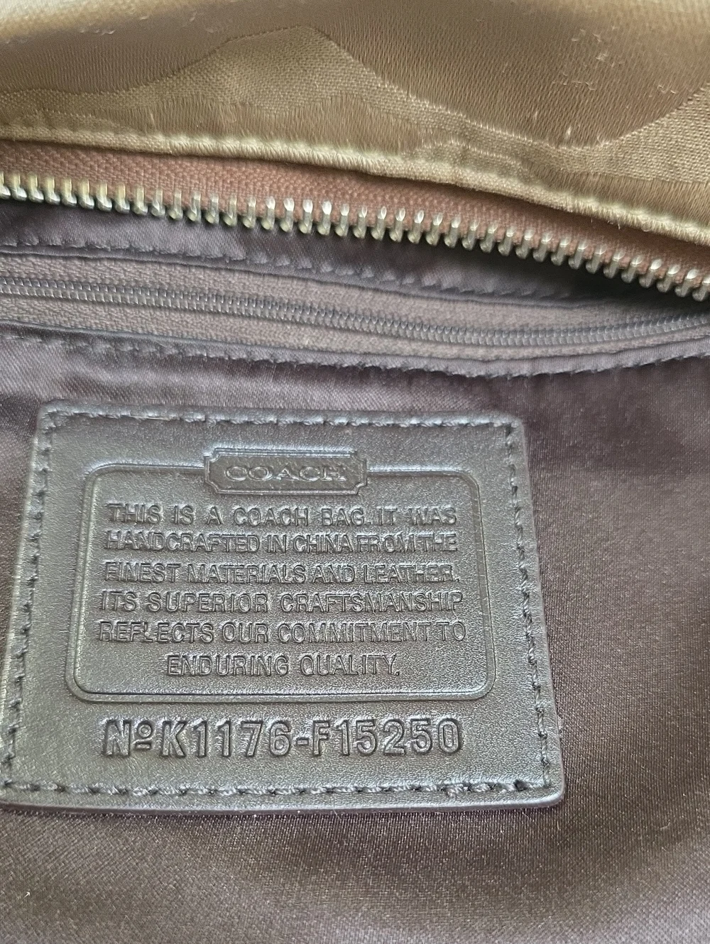 COACH F15250 Signature Khaki Fabric/Brown Leather Trim Carly Hobo GUC